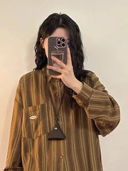 Lunivop Vintage Y2K Striped Shirt Women Harajuku Oversize Loose Japan Blouse Casual Long Sleeve Streetwear Bf Pocket Design Tops