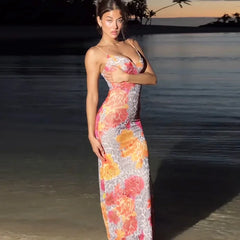 Lunivop Flower Leopard Print Deep V Backless Maxi Dresses Summer Vacation Party Outfits Sexy Dinner Date Night Women's Dress