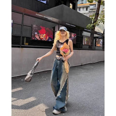 Lunivop American Style Women Jeans Washed Loose Full-length Wide Leg Harajuku Patchwork Gradient High Street Youthful Fashion Hip Hop