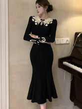 Lunivop Vintage Black Mermaid Women's Dresses French Elegant Lace Patchwork Bodycon Evening Party Midi Dress New Vestidos Female Clothes