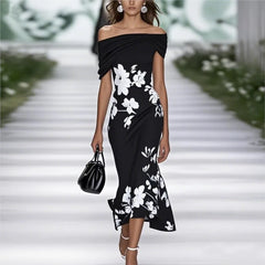 Lunivop Summer Commuting Long Dress Flower Print Off Shoulder Women's A-line Dress New Fashion Hollow High Waist Wrap Hip Dress
