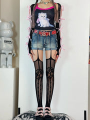 Lunivop Women Hollowed Fishnet Garter Belt Pantyhose Spicy Girl Sexy open crotch Punk Heart Patterned Sheer Thigh High Suspender Tights#