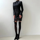 Lunivop Elegant Satin Mini Dress Lace Patchwork Women Fashion Sexy Turtleneck Bow Tie Long Sleeve Slim Party Clubwear Casual Streetwear