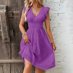 Lunivop Women's Dress Lace Jacquard Hollow Out Slim V Neck Elastic Waist Midi Dress Vacation Mid Length Dresses for Daily Wear Korean