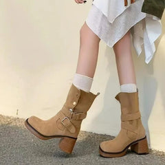 Lunivop Fashion Belt Buckle Vintage Mid-calf Boots Women Autumn Chunky Heels Western Cowboy Boots Woman PU Leather Knight Booties