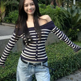 Lunivop Korean Retro Contrast Color Striped Sexy Long Sleeve Sweater Women 2024 Autumn New Off-shoulder Buttons Sexy Knitted Crop Tops