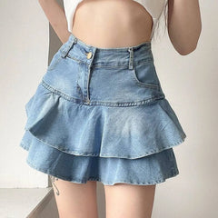 Lunivop Vintage Denim Skirt Shorts Women Summer Korean Fashion High Waist A-line Wash Blue Slim Cute Sexy Mini Jeans Ruffle Skirt Female