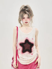 Lunivop Hole Retro Y2K Tanks Women Streetwear Loose Star Print Harajuku Tanks American Hip Hop V Neck Shirring Gothic Tops Summer