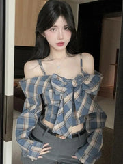 Lunivop Off Shoulder Bow Plaid Shirt Women Long Sleeve Slim Vintage Blouse Sexy Cropped Korean Female Sweet Retro Tops New Spring