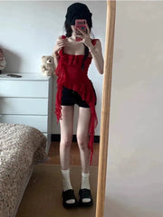 Lunivop Red Three-dimensional Rose Mesh Ruffle Tank Top Irregular Slim Fit Camisole Vest for Women 2025 Summer New Sweet Crop Tops