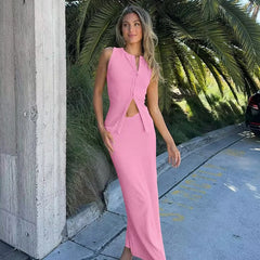 Lunivop Solid Button Sleeveless Crop Top Long Skirt Women'S Sets Elegant Evening Party Y2K Streetwear Casual Clothes