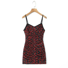 Lunivop Sexy Black With Red Cherry Print Sling Dress Women Folded Skinny Slim Waist Package Hips Backless Hem Mini Dresses Robe