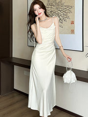 Lunivop Solid Bright Silk Chic Bow Sling Sexy Long Dress Women Korean Vintage Hepburn Vestidos Summer Elegant Bodycon Evening Dress