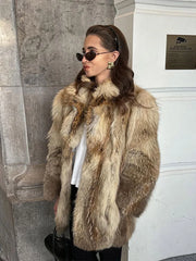 Lunivop Vintage Turn-down Collar Faux Fur Women Casual Thickened Long Sleeved Coats Female Autumn Winter Chic Soft Outwears With Pockets