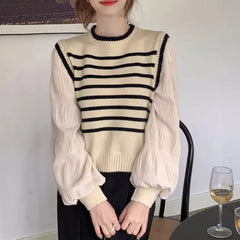 Lunivop Fake Two Piece Sweater Women Contrast Striped Puffed Sleeve Knitted Pullover Jumper Blouse Korean Fashion Top Fall Winter Outfit