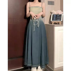 Lunivop French Vintage Gradient Denim Strap Dress Women's Summer New Style Slimming Sleeveless Midi Skirt Retro Waist-Cinching Dress