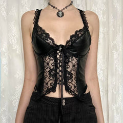 Lunivop Punk Sexy Bandage PU Vest Clubwear See Through Lace Patchwork Leather Crop Top Women Summer Skinny Corset Top Gothic Tees