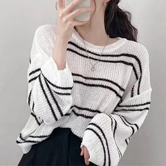 Lunivop Pullover Women Striped Knit Sweater Comfy Lightweight Long Sleeve Crew Neck Jumper Female Teen-girl Casual Daily Outfit