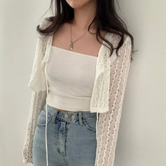 Lunivop Women Tie Front Crop Cardigan Sheer Openwork Crochet Knit Top Lightweight Bolero Sweater Summer Fairycore Boho Chic Beach Outfit