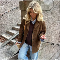 Lunivop Casual Brown Lapel Pocket Suede Leather Jacket Fashion Woman Single Button Long Sleeve Crop Coat 2024 Lady Autumn Street Outwear