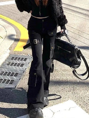 Lunivop Street Vintage Black Bell Bottom Jeans for Women 2025 Spring New Denim Pants Y2k High Waist Multiple Pockets Trousers