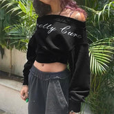 Lunivop BKLD Inclined Collar Letter Printed Fashion Crop Tops Autumn New Street Style Long Sleeve Loose Asymmetric Sexy Casual Pullovers