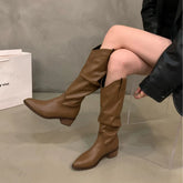 Lunivop Women Fur Suede Boots New Fashion Pleated Wedge Long Boots Ladies Round Toe Slip on Mid-calf Boots Low Heel Botas De Mujer