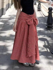 Lunivop Vintage Red Plaid Long Skirts Women Sweet Bow High Waist A Line Skirt Vintage Korean Loose Casual Design Female Skirt New