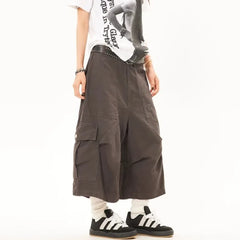 Lunivop American High Street Shorts for Women Summer Multiple Pockets Vintage Calf- Length Pants All-match Loose Wide Leg Pants