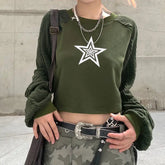Lunivop Women Hip Hop Coats Harajuku Casual Loose Hooded Sweatshirt Green T-shirt Patchwork Star Print Hoodie Short Cut With Exposed
