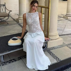 Lunivop White Lace Printed Long Dress Female See-Through Sleeveless Patchwork Elegant Party Dress Gown Women Maxi Dresses