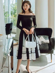 Lunivop Elegant Luxury Evening Dress Slash Neck Long Sleeve Slim Contrast Color Patry Dresses For Women New Spring