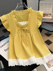 Lunivop Sweet Lace Patchwork Tanks Women Loose Flying Sleeve Elegant Tanks Tops Vintage Casual Female Korean Summer Retro Tops New