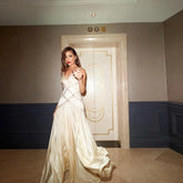 Lunivop Light Champagne Satin Long Evening Dresses Elegant V Neck Pleated Draped Prom Dressing Gowns With Tassels Sleeveless Party Dress