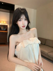 Lunivop Tank Tops Women Ruffles Ruched Slash Neck Solid Slim Backless Sweet Elegant Camis Sexy Ladies Casual French Style Chic