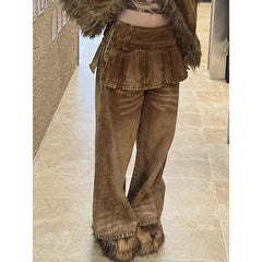 Lunivop Women's Brown Splicing Cargo Baggy Jeans Y2K Japanese Harajuku High Street 2000s Style Streetwear Aesthetic 90s Retro Jeans