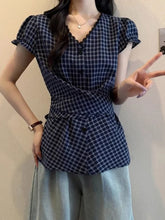 Lunivop Plaid Vintage Blouse Women V Neck Slim Design Back Bandage Shirt Korean Retro Lace Patchwork Casual Summer Bow Sweet Tops