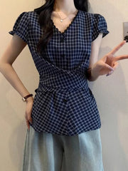 Lunivop Plaid Vintage Blouse Women V Neck Slim Design Back Bandage Shirt Korean Retro Lace Patchwork Casual Summer Bow Sweet Tops