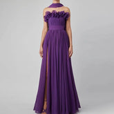 Lunivop Elegant Evening Dress Purple Strapless Pleat Chiffon A Line Evening Gowns Thigh Slit Floor Length Formal Dresses