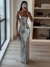 Lunivop Sexy Sling Backless Silvery Maxi Dress For Women Fashion High Waist Bodycon Sleeveless Robes Female Evening Party Vestidos