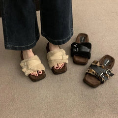 Lunivop Comwarm Winter Fluffy Fur Slippers Women Fashion Leopard Buckle Slippers Open Toe Flats Cotton Shoes Comfort Outdoor Slippers