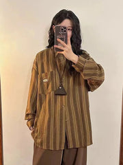 Lunivop Vintage Y2K Striped Shirt Women Harajuku Oversize Loose Japan Blouse Casual Long Sleeve Streetwear Bf Pocket Design Tops