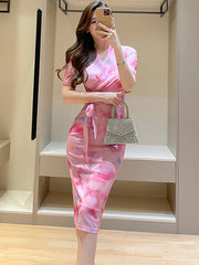 Lunivop Korean Fashion Bodycon Bow Bandage Long Dress Summer Pink Print Mesh Casual Dress Women Elegant Chic Festival Party Dresses
