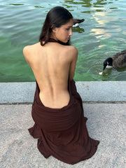 Lunivop Deep V Neck Backless Split Maxi Dresses For Women 2025 Sexy Summer Brown Long Dress Women Beach Vacation Outfits