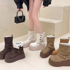 Lunivop New Winter Platform Flats Women Warm Plush Mid Calf Boots Fashion Belt Buckle Shoes Concise Cotton Short Botas De Mujer