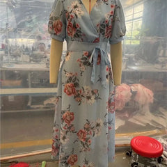 Lunivop Women V-neck Ruffle Short Sleeve Maxi Dress Waist Tight High-waist Hem Sweet Floral Print Chiffon Dress Female Clothing