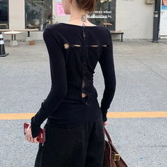 Lunivop Korean Retro Bow Stitching Casual Long Sleeve T-shirt Women Winter New High Street O-neck Hollow Sexy Slim Solid Color Tops