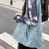 Lunivop Retro Single Shoulder Denim Versatile Canvas Bags Student Versatile Large Capacity Shoulder Bag