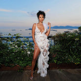 Lunivop Deep V Neck Lace Prom Gowns Sheer See Thru Mesh Ruffles Floral Formal Party Dress High Side Split Tulle Long Celebrity Dres