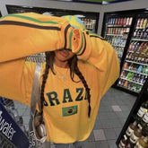 Lunivop 2000s New Women Autumn Brazil Flag Yellow Oversized Hoodies Aesthetic Long Sleeve Pullover Top Vintage Y2k Sweatshirt Streetwear